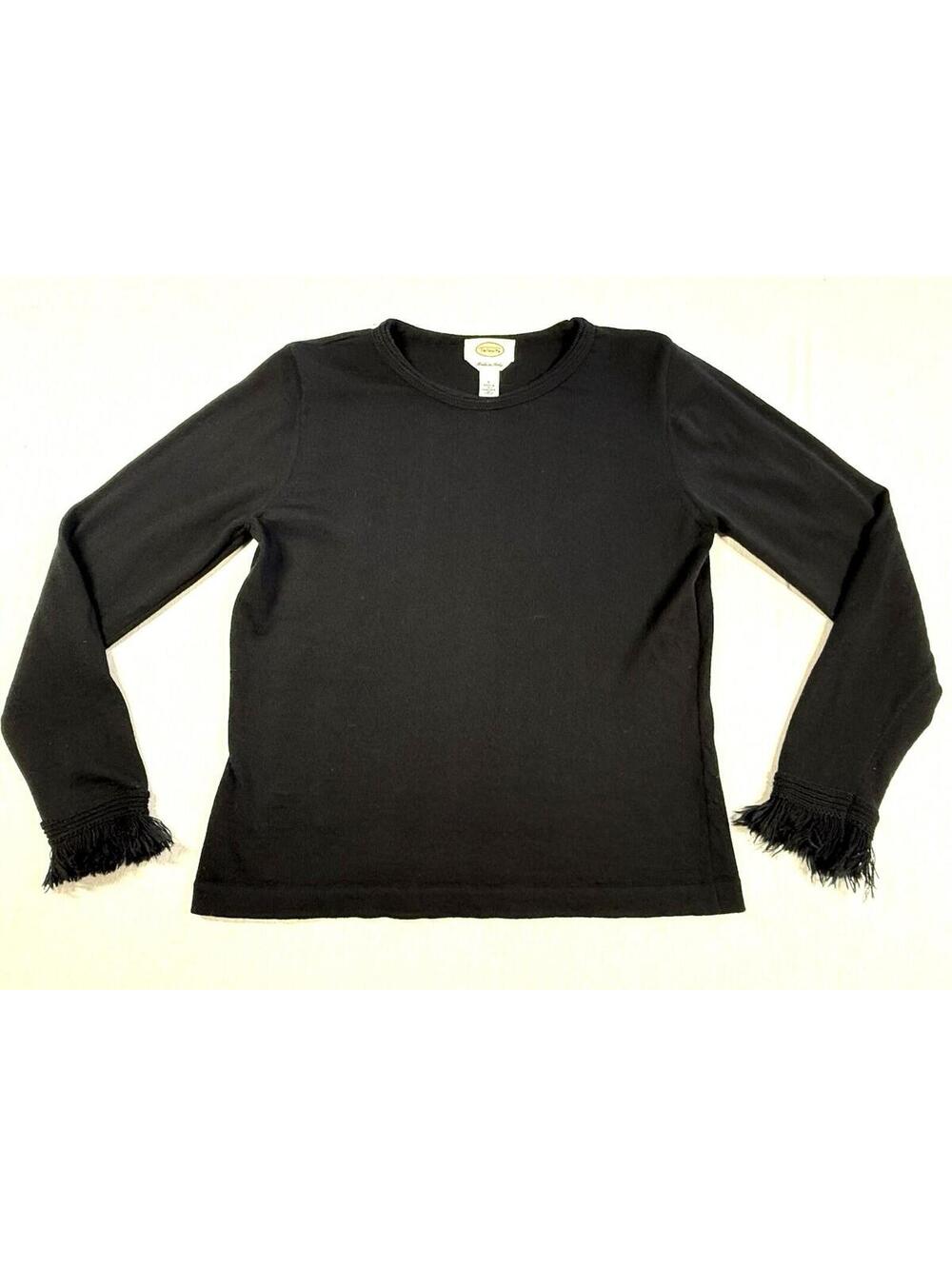 Talbots 100% Merino Wool Sweater Italy Women L Black Fringe Sleeve Soft Boho